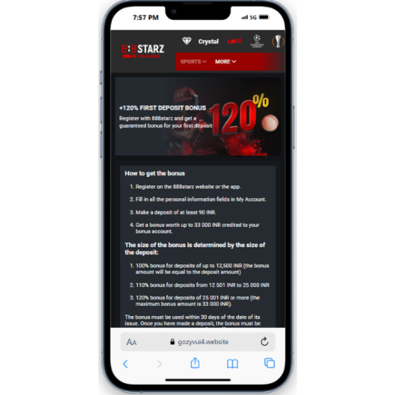 888Starz first deposit bonus up to ₹33,000