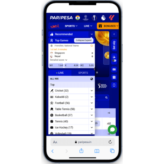 Screenshot showing the Paripesa betting site sportsbook