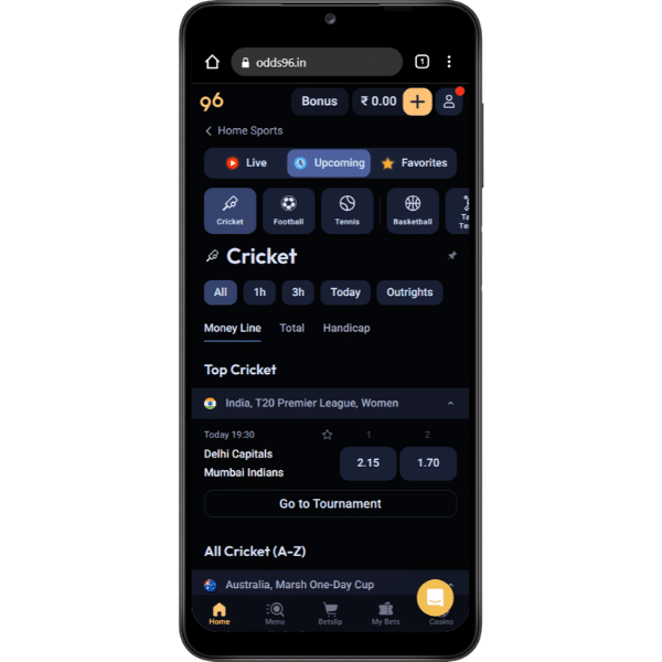 The home page and cricket market on Odds96 website