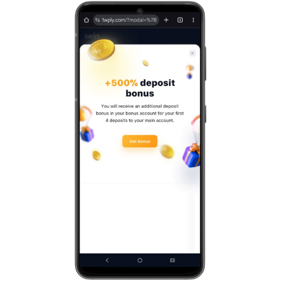 Mobile screenshot showing 1win's 500% casino deposit bonus along with offer description