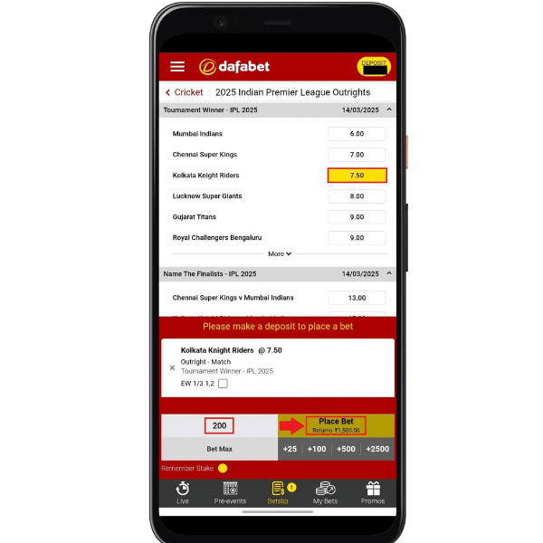 Screenshot of bet slip on Dafabet to starts IPL betting