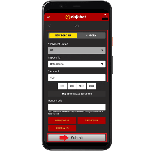 Screenshot of deposit on the Dafabet site