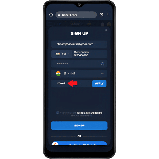 Registration using 4rabet promo code FOW4