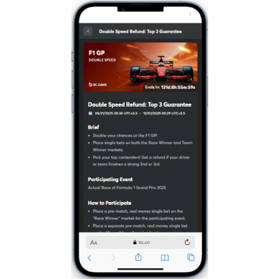 Mobile screenshot showing the F1 Grand Prix refund promotion on BC.Game along with offer details and 'How to Participate' rules