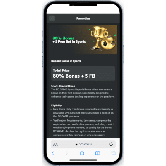 Mobile screenshot of BC.Game displaying the 280% sports welcome bonus