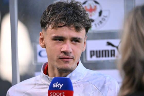 Red Bull Salzburg's Kerim Alajbegovic pictured speaking to the media.