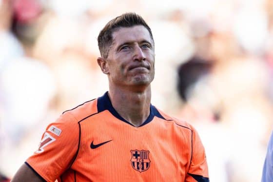 Barcelona striker Robert Lewandowski pictured in action.