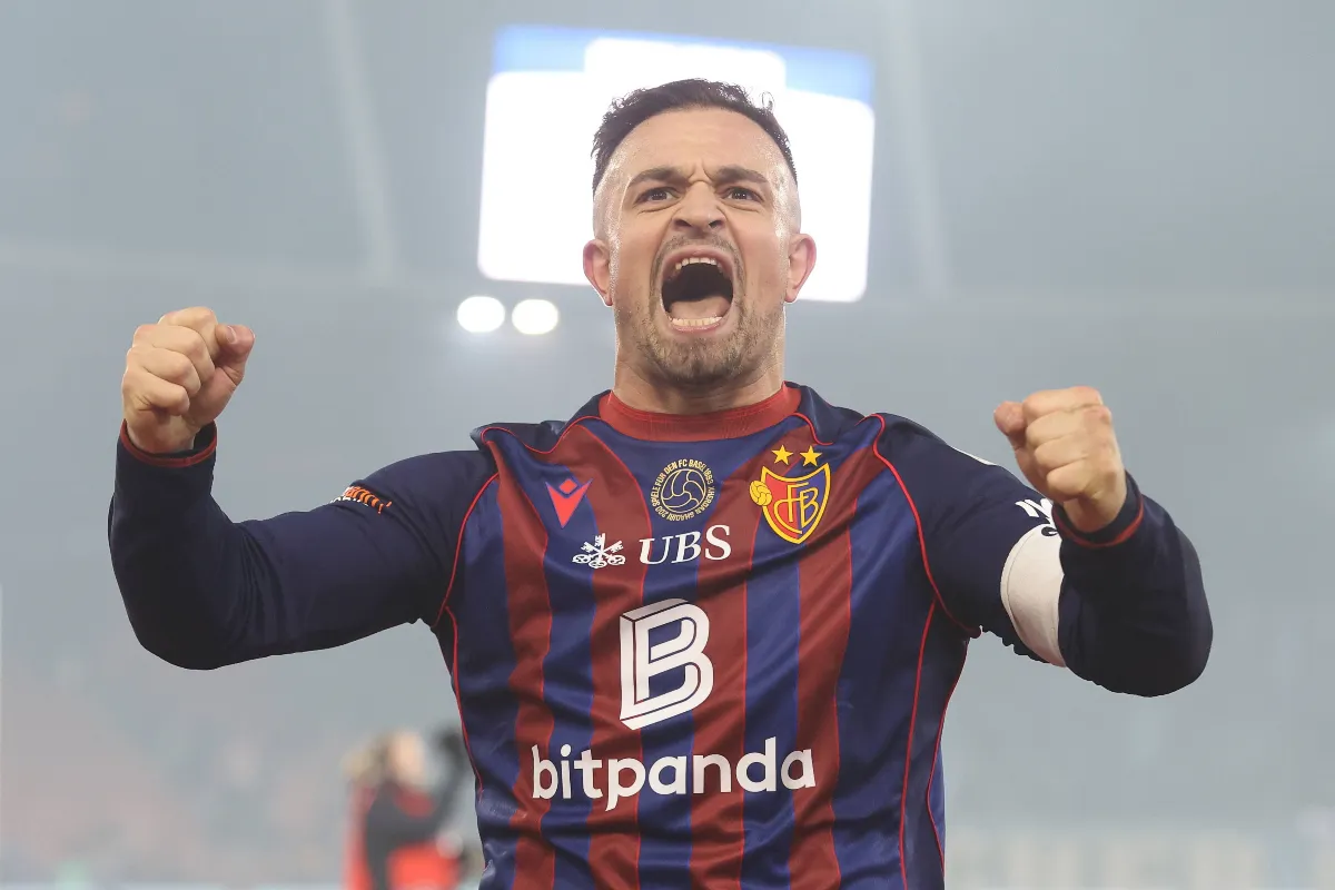 Xherdan Shaqiri, captain of FC Basel celebrates scoring a goal. 