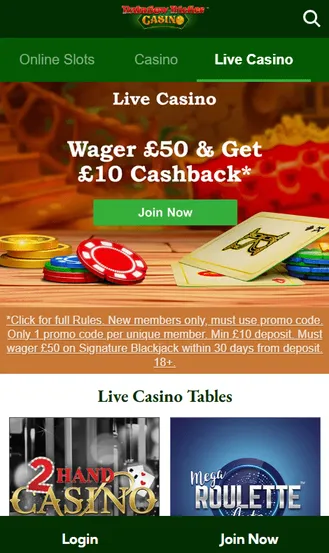 rainbow riches live casino offer - get &pound;10 cashback