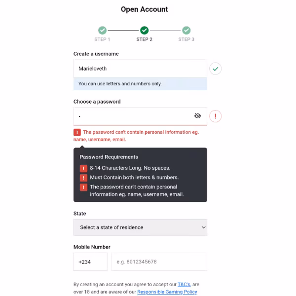 Bet9ja registration password
