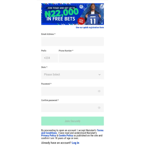 Nairabet app registration page