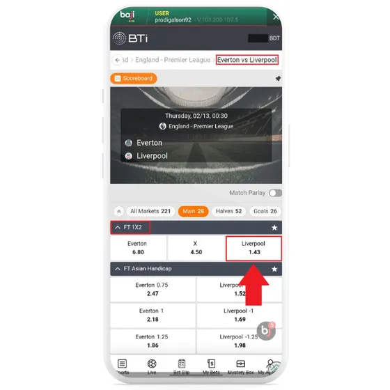 Everton vs. Liverpool betting market on Baji app