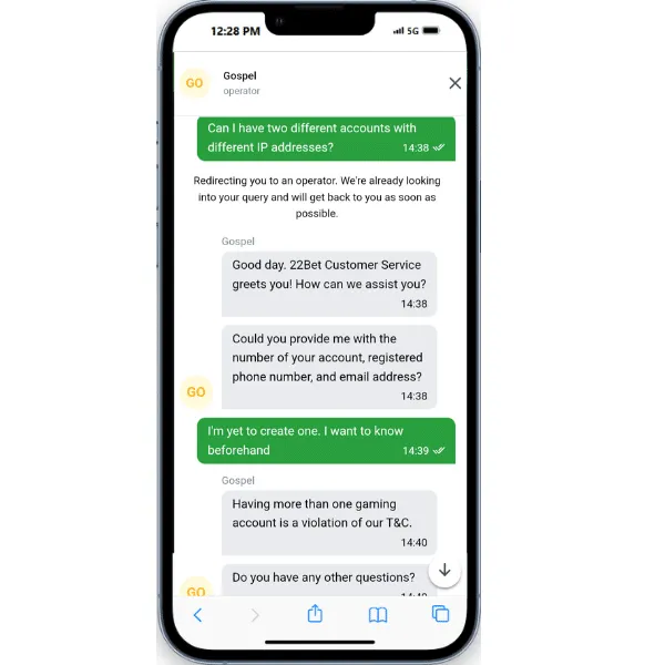 22Bet customer service chat