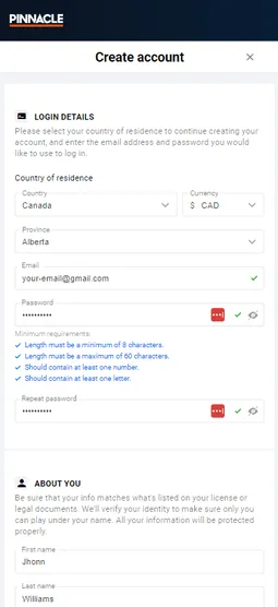Pinnacle registration form - personnal informations