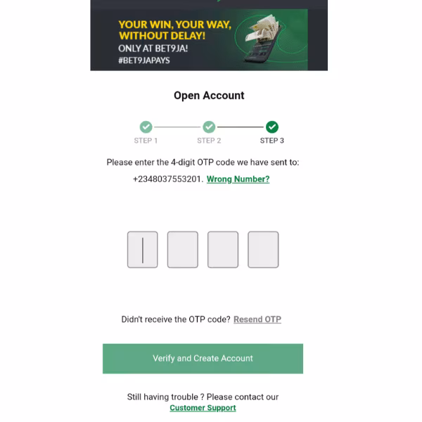 Bet9ja registration OTP code