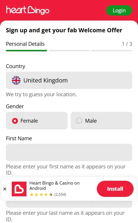 Heart Bingo sign up process
