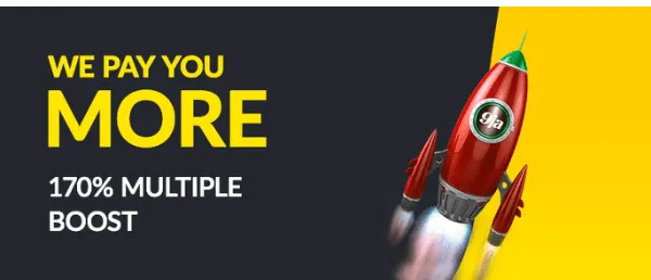 Promotional image featuring bold text stating &ldquo;We Pay You More&rdquo; and &ldquo;170% Multiple Boost.&rdquo; A red rocket with the 9ja logo is blasting off, symbolizing increased winnings or betting boosts.