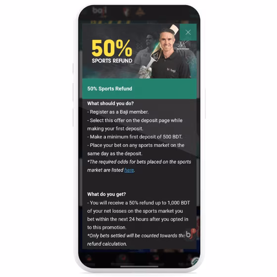 Baji 50% sports refund promo