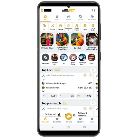 Melbet app homepage showing live and upcoming sports betting options along with casino games