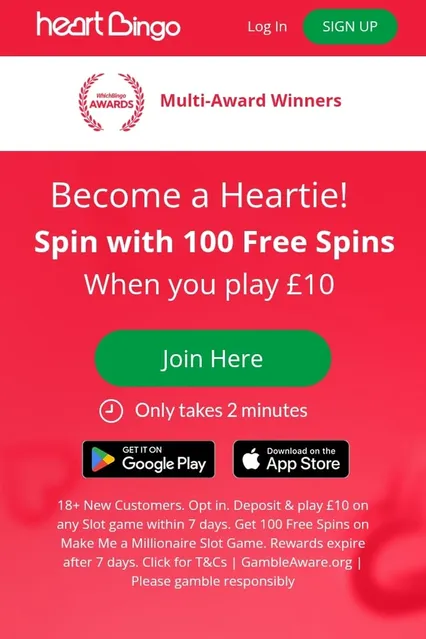 heart bingo slots bonus: get 100 free spins 