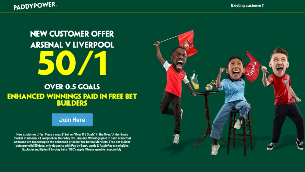 Paddy Power promo offer for Arsenal vs Liverpool
