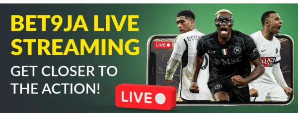 Promotional image for Bet9ja Live Streaming, featuring three football players in action with a smartphone screen in the background. The text encourages users to &ldquo;Get Closer to the Action!&rdquo; with a red &ldquo;LIVE&rdquo; icon.