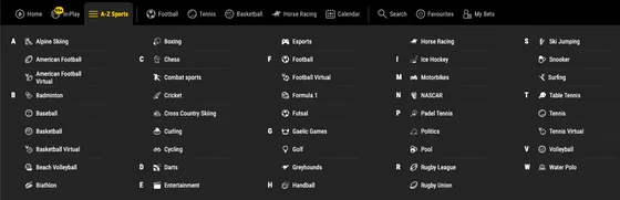 Image of every Bwin betting market listed alphabetically.