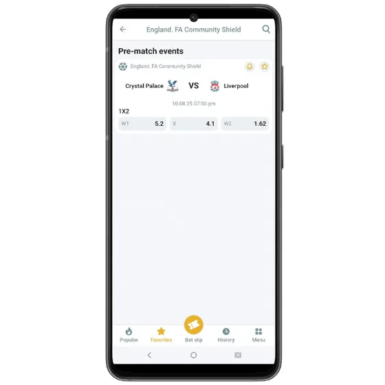 Screenshot showing pre-match football odds for Crystal Palace vs Liverpool in the FA Community Shield on the Melbet mobile app
