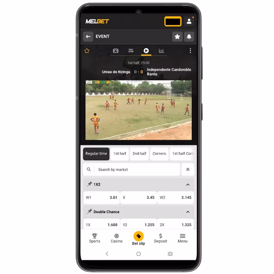 Melbet mobile site showing a football match in progress with live betting options