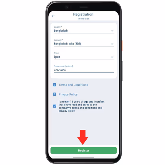 One-click registration on the 1xBet app