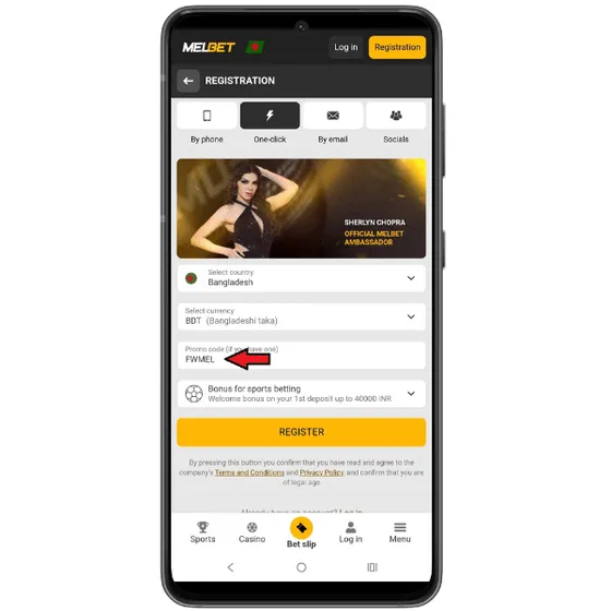 Melbet one-click registration screen on mobile showing promo code FWMEL inserted, "Bangladesh" and "BDT" selected & the yellow "Register" button highlighted