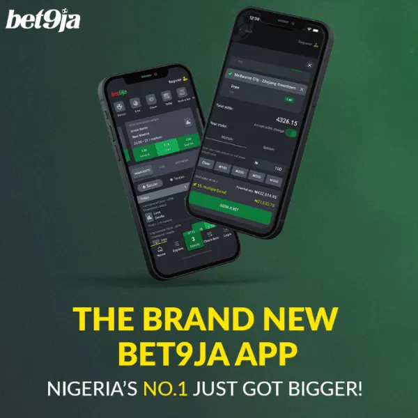 Promotional image for the Bet9ja app featuring two smartphones displaying the app interface. The text highlights &ldquo;The Brand New Bet9ja App&rdquo; with the tagline &ldquo;Nigeria&rsquo;s No.1 Just Got Bigger!&rdquo; against a green background.