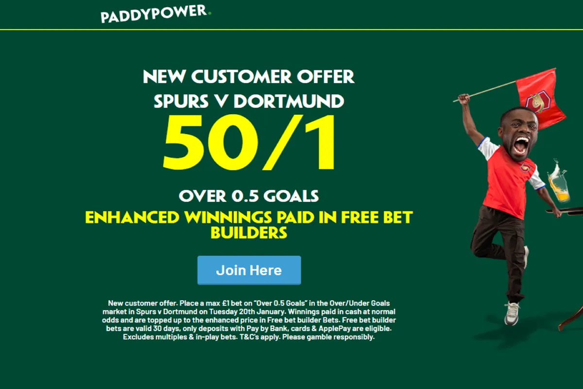 Paddy Power promo offer for Tottenham vs Dortmund
