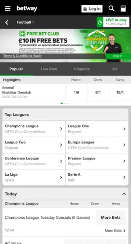 Image of the Betway app sportsbook section.