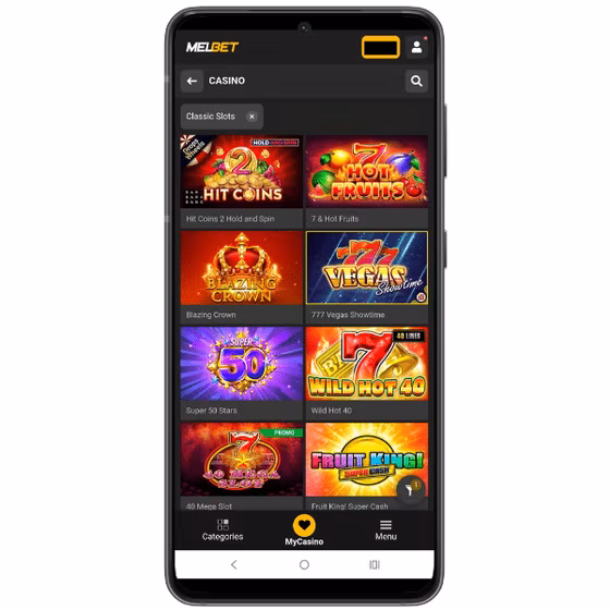 Screenshot of the Melbet mobile site showing a variety of classic slot games in the casino section