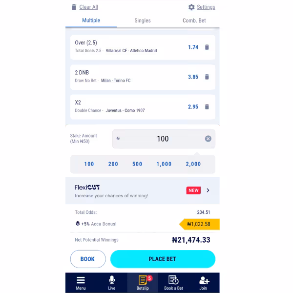 Screenshot of a betting slip showing selected football bets, including &ldquo;Over (2.5)&rdquo; for Villarreal CF vs. Atletico Madrid, &ldquo;2 DNB&rdquo; for Milan vs. Torino FC, and &ldquo;X2&rdquo; for Juventus vs. Como 1907. The stake amount is set to ₦100, with total odds of 204.51. A &ldquo;+5% ACCA Bonus&rdquo; of ₦1,022.58 is applied, and the net potential winnings are ₦21,474.33. Buttons for &ldquo;BOOK&rdquo; and &ldquo;PLACE BET&rdquo; are visible at the bottom, along with a navigation menu.
