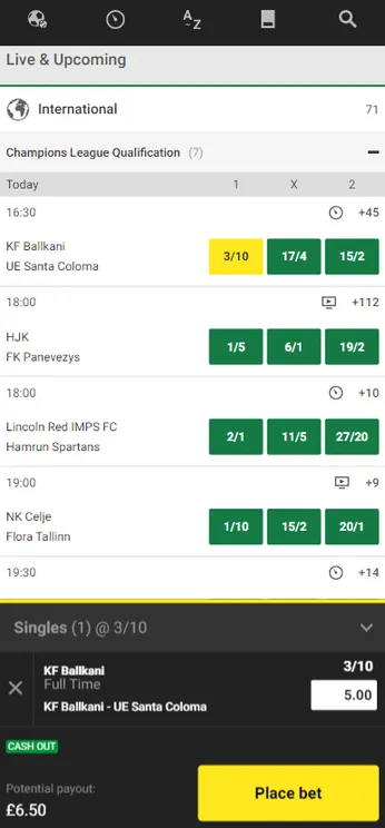 Unibet app football betting example