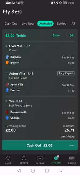 Image of a Bet365 bet slip with three games chosen.