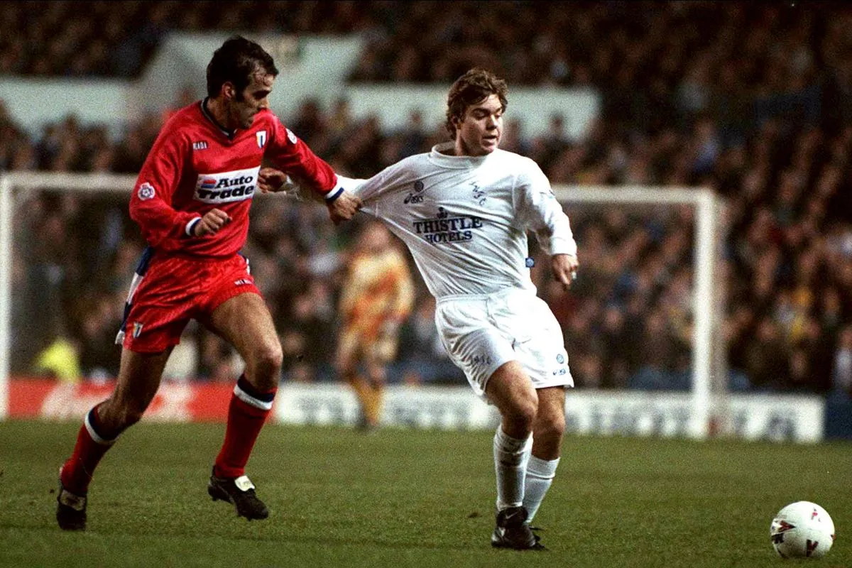 Tomas Brolin pictured in action for Leeds United during a cup game.