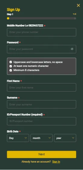 Gbets sign up form
