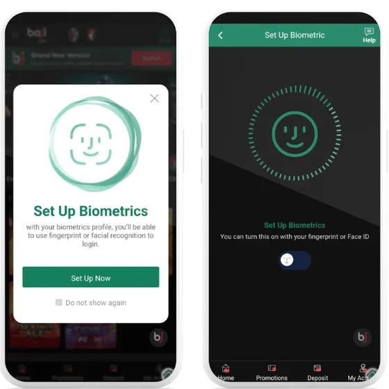 Biometric login option on Baji mobile app