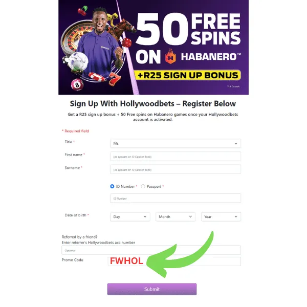 Hollywoodbets promo code FWHOL entered in the registration form.