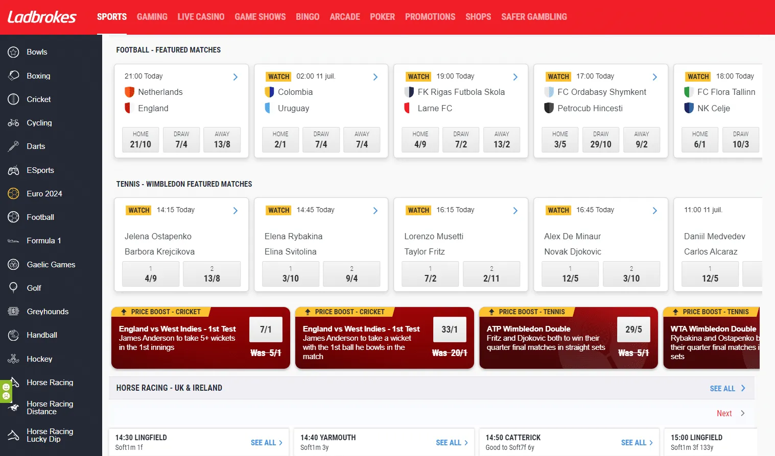 ladbrokes uk homepage with sports & betting markets