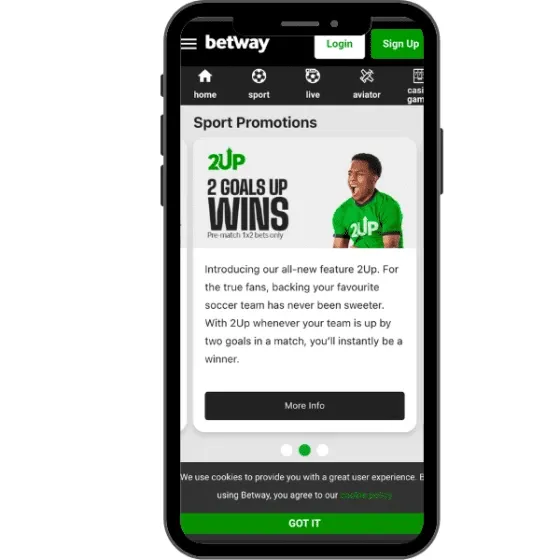 Phone screen showing details of the Betway 2Up promotion and how the early two-goal lead payout works.