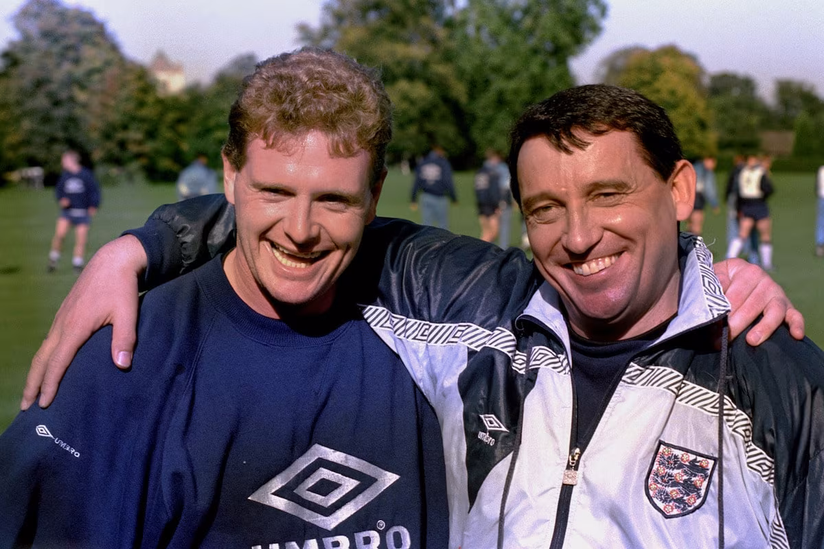 England manager Graham Taylor (right) with midfield player Paul Gascoigne during a break from training at Bisham Abbey.