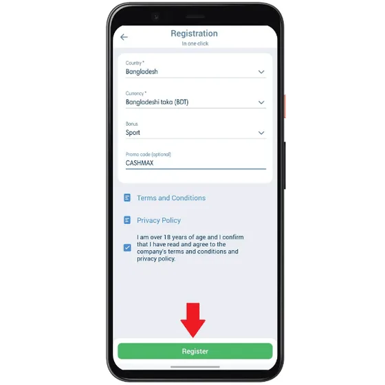 One-click registration on the 1xBet app