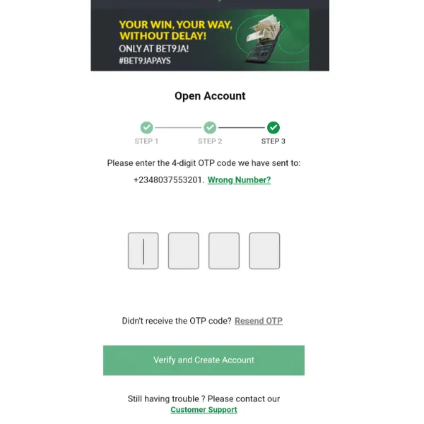 Bet9ja registration OTP code