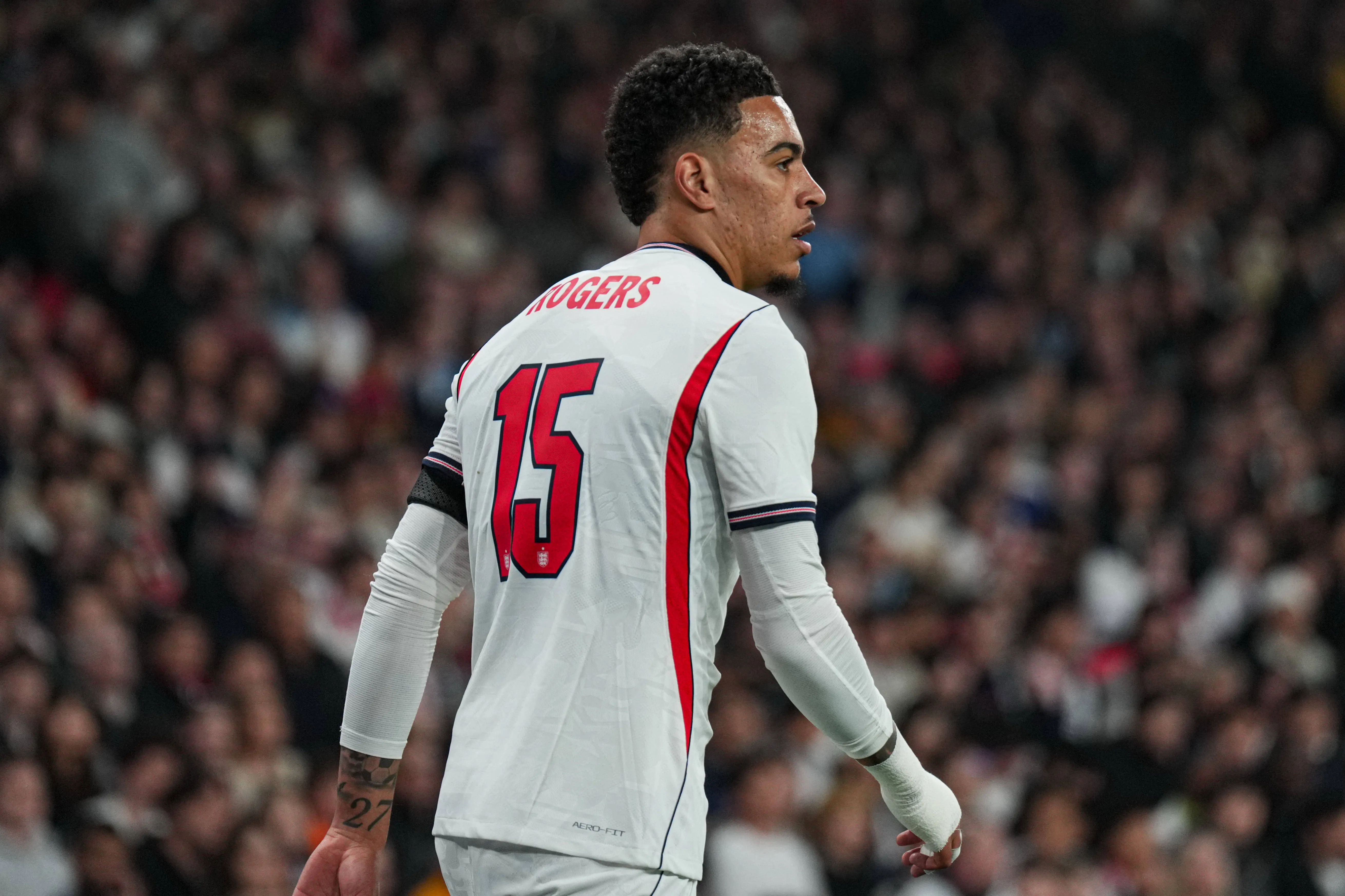 Aston Villa's Morgan Rogers in action for England