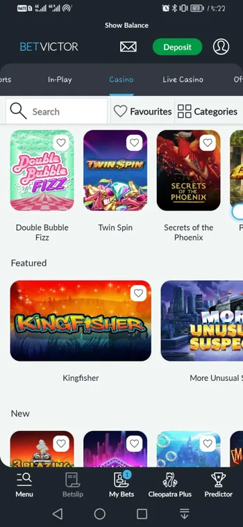 betvictor UK casino section and games on the app