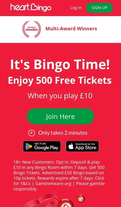 heart bingo sign up offer, get &pound;50 in bingo bonuses (500 bingo tickets)
